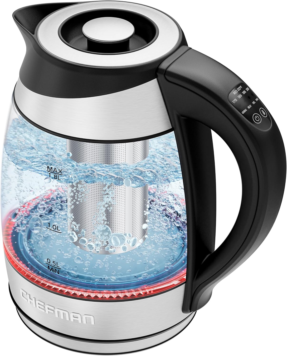 Chefman 1.8L glass electric kettle with tea infuser