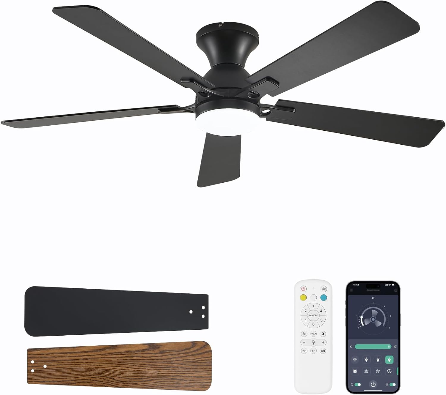 Dolavast 52-inch black ceiling fan with reversible walnut blades